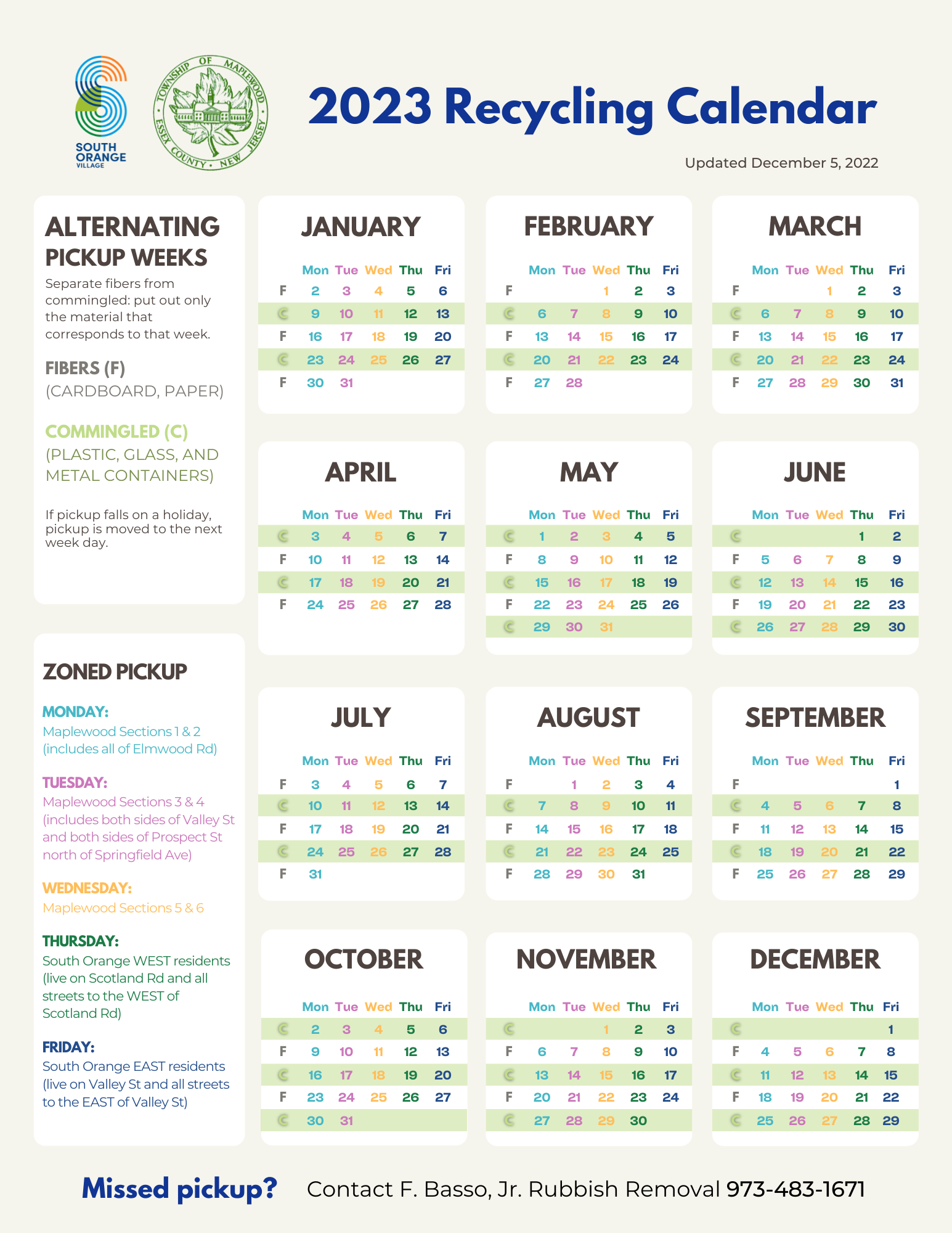 Image of calendar of all recycling dates for Maplewood and South Orange - 2023