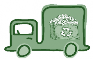 Image of a green paper shredding truck on a white background.
