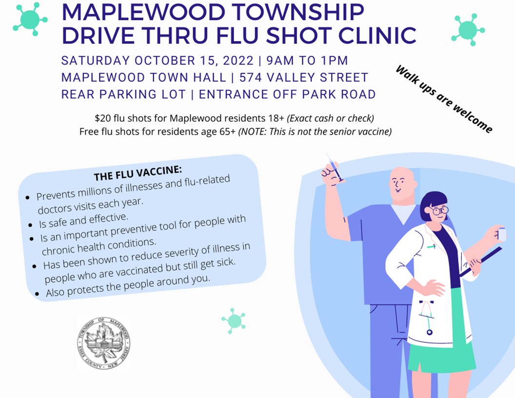 Flyer containing info for the 2022 Maplewood Drive-Thru Flu Shot Clinic